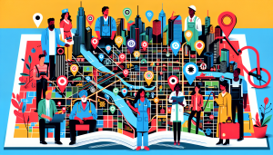 Digital artwork of a detailed map highlighted with various icons showing locations for DOT physicals in a bustling city, with people of different professions consulting the map.